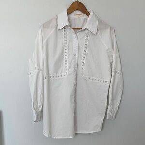 Solitaire Oversized White Cotton Button-Front Shirt with Lace Insets, Size M